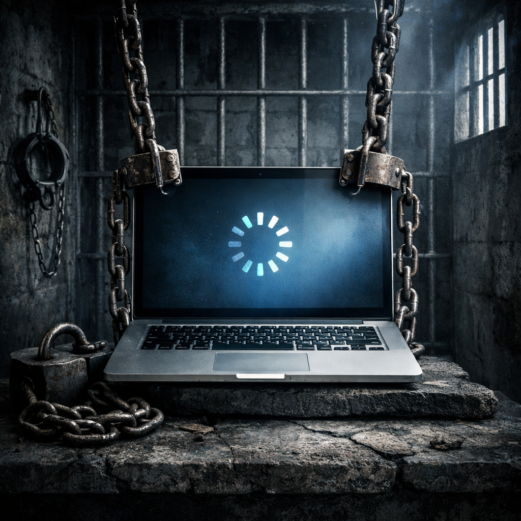 Laptop chained in a dark, grungy prison cell, symbolizing IT systems becoming a productivity bottleneck. Title:
